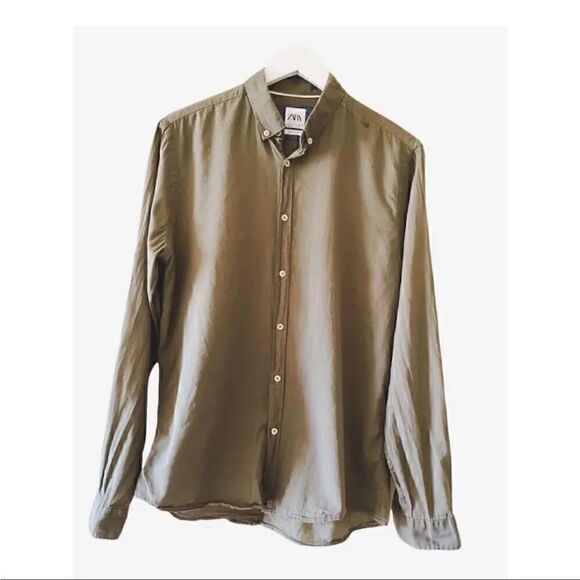 Zara Relaxed Fit Olive Cotton Button Down Long Sleeves Unisex Shirt SZ M - Picture 1 of 9